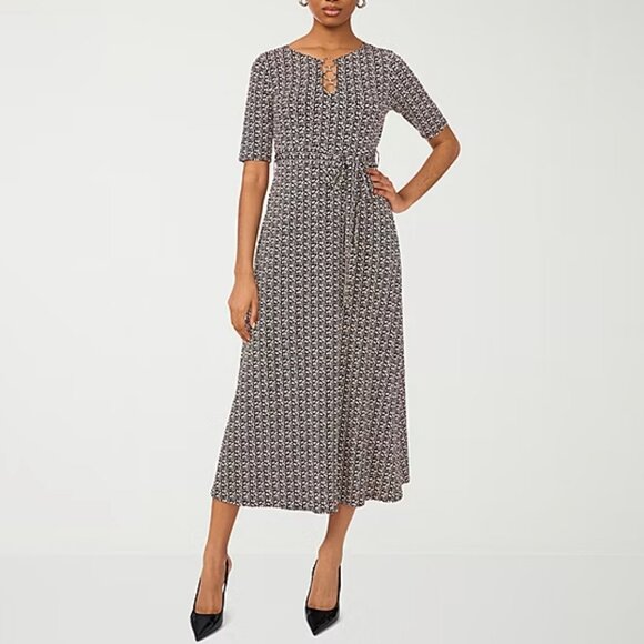MSK Womens Short Sleeve Geometric Midi Fit + Flare Dress - Tan Sz Small 925152 - Picture 1 of 3